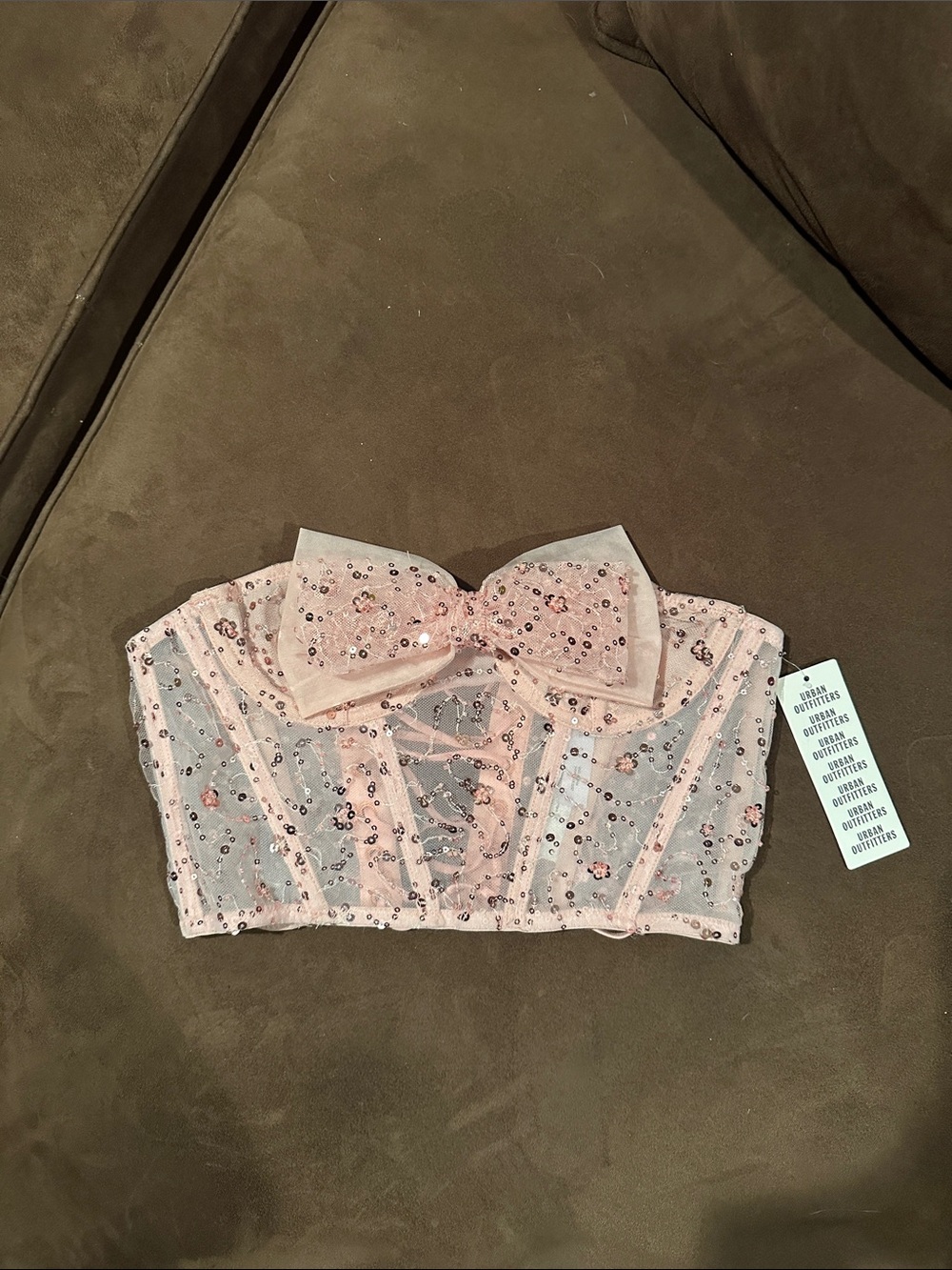 Urban Outfitters Blush Pink Sequin Lace Crop Top with Bow